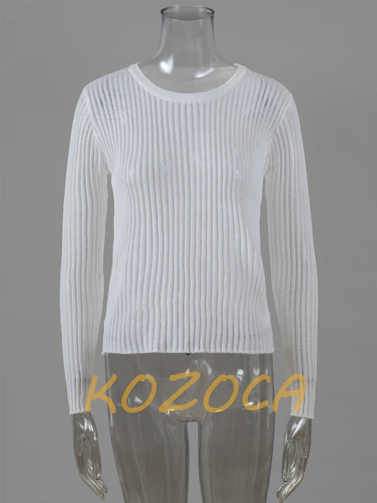 White Elegant Striped See Through Women Tops