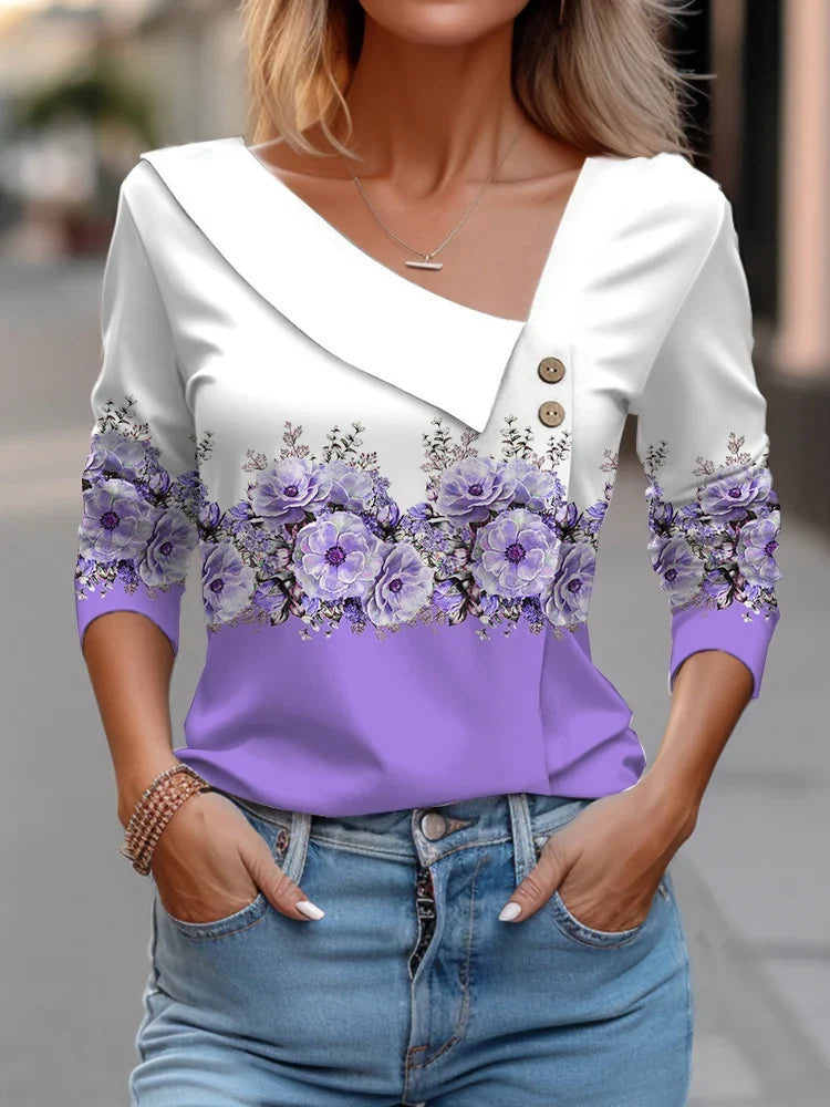Long Sleeve Top White Floral Print Shirts And Blouses