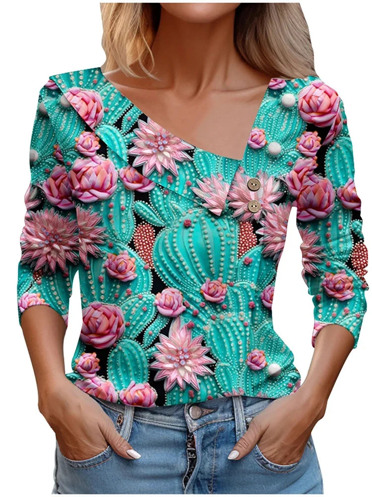 Long Sleeve Top White Floral Print Shirts And Blouses