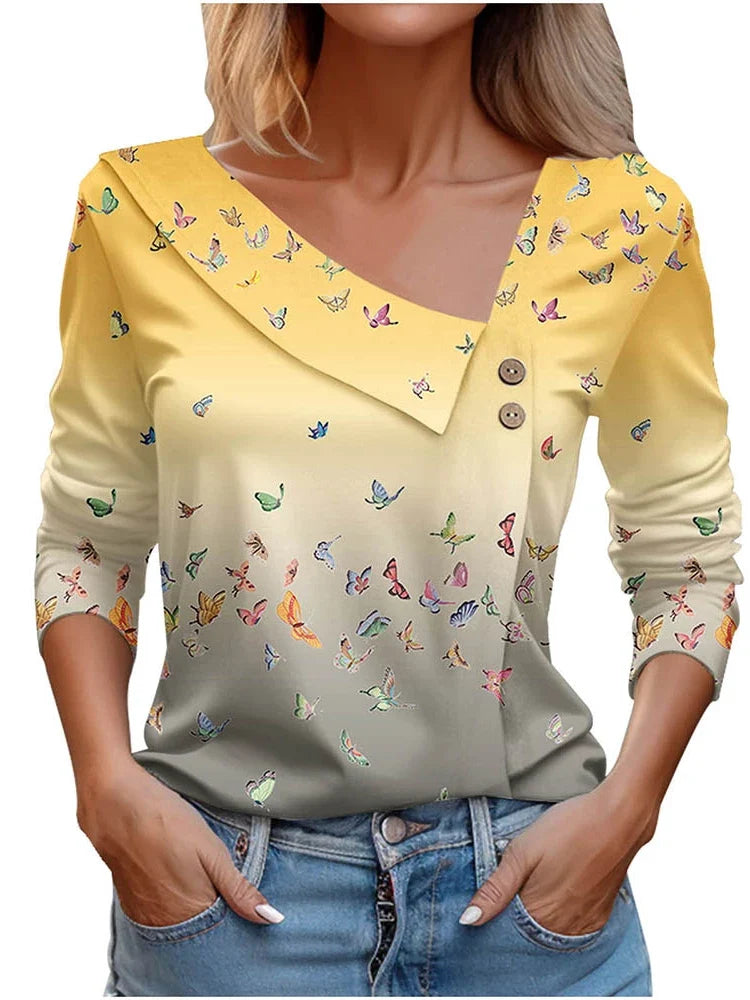 Long Sleeve Top White Floral Print Shirts And Blouses