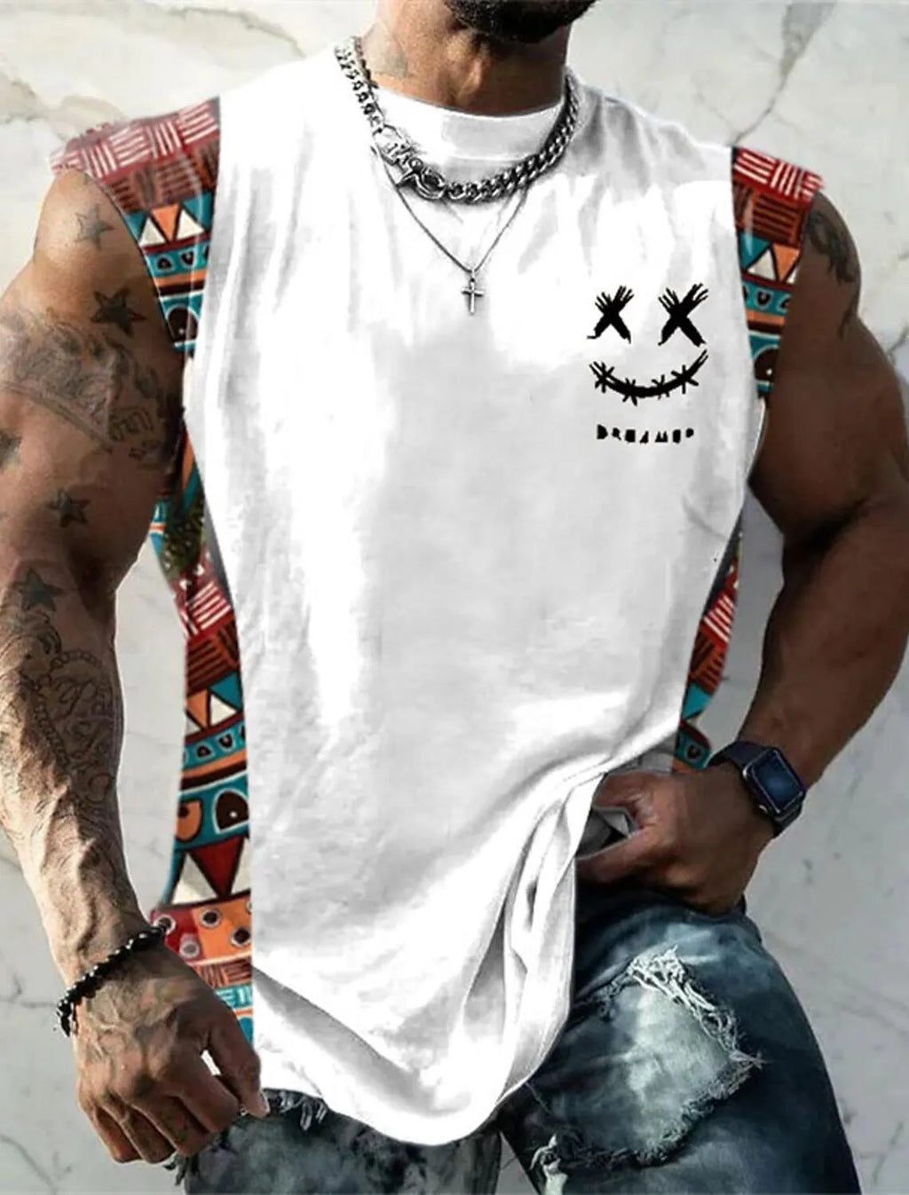 Men's Vest T Shirt Patterned Tribal Round Neck Top