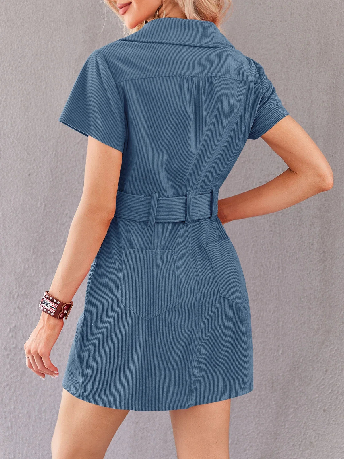 Zip Up Solid Color Corduroy Mini Dress For Women