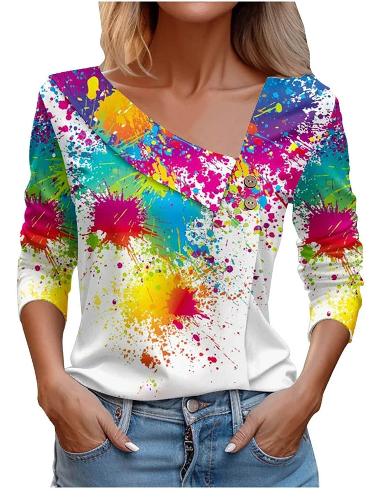 Long Sleeve Top White Floral Print Shirts And Blouses