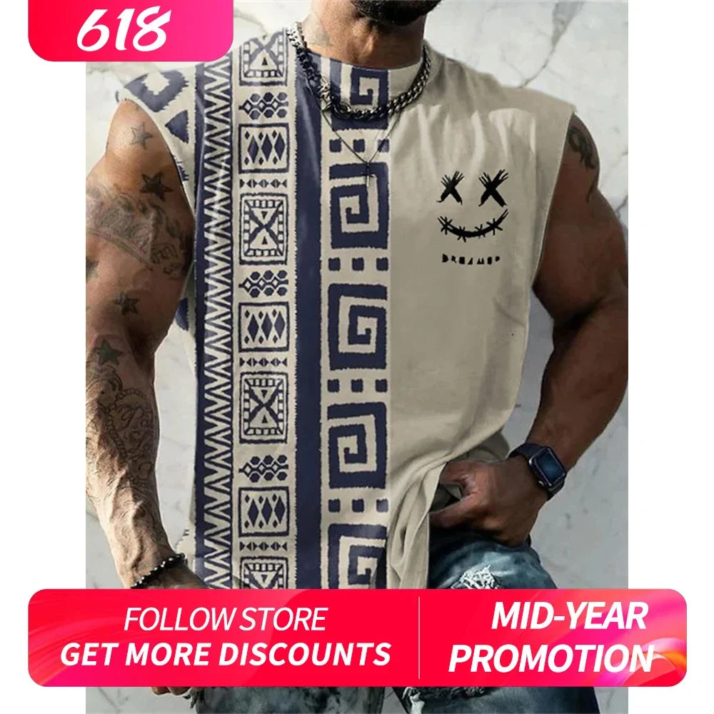 Men's Vest T Shirt Patterned Tribal Round Neck Top