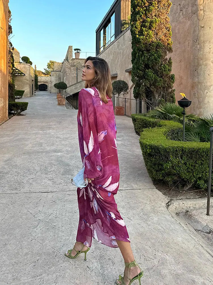 Women Printed V-neck Mesh Thin Maxi Dresses