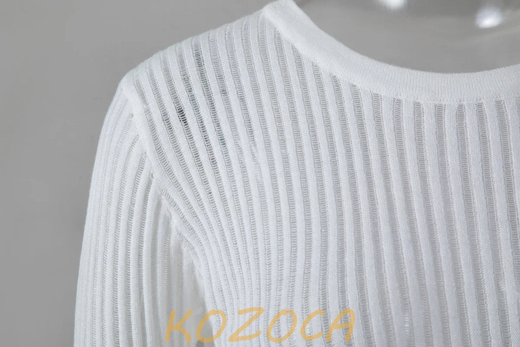 White Elegant Striped See Through Women Tops