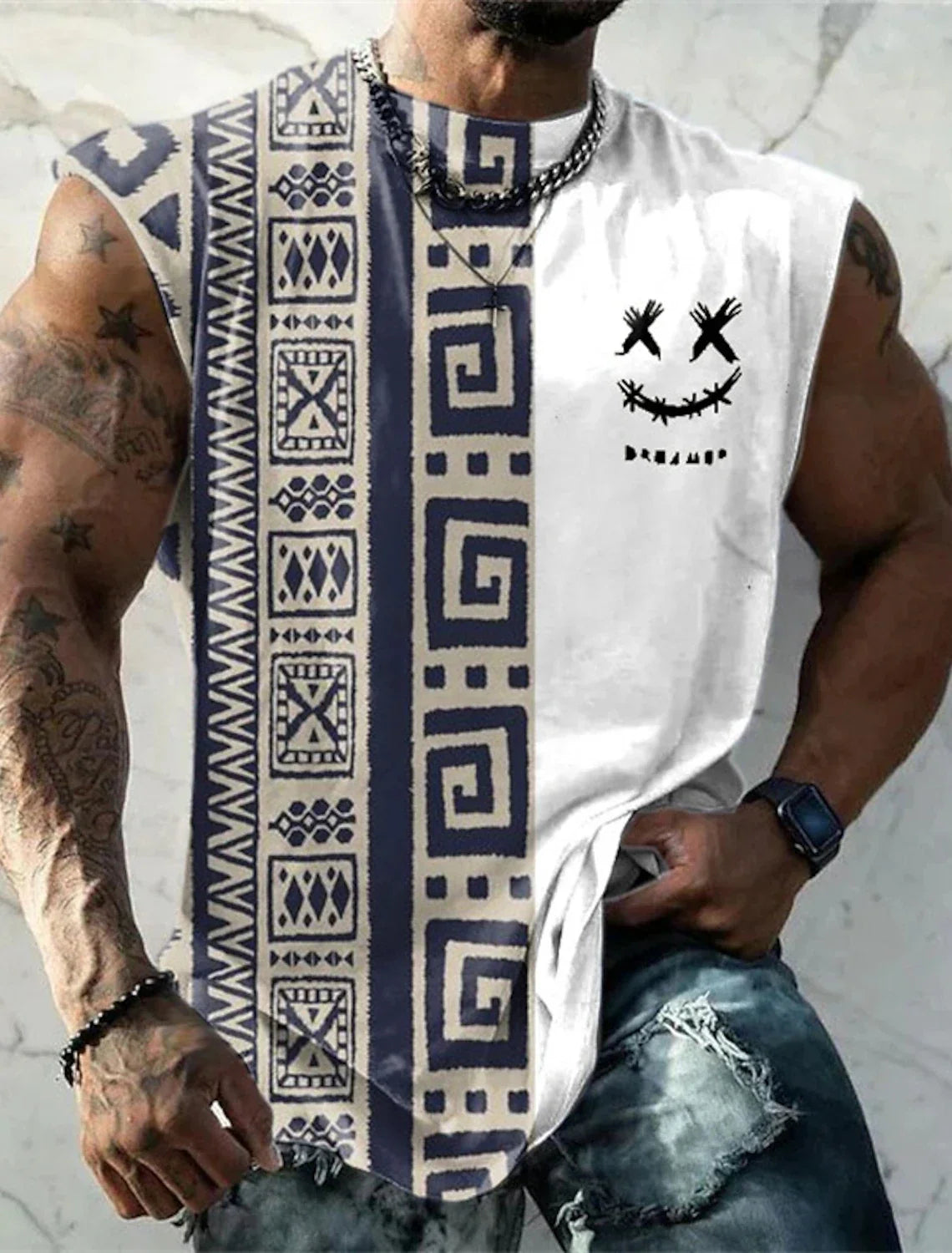 Men's Vest T Shirt Patterned Tribal Round Neck Top