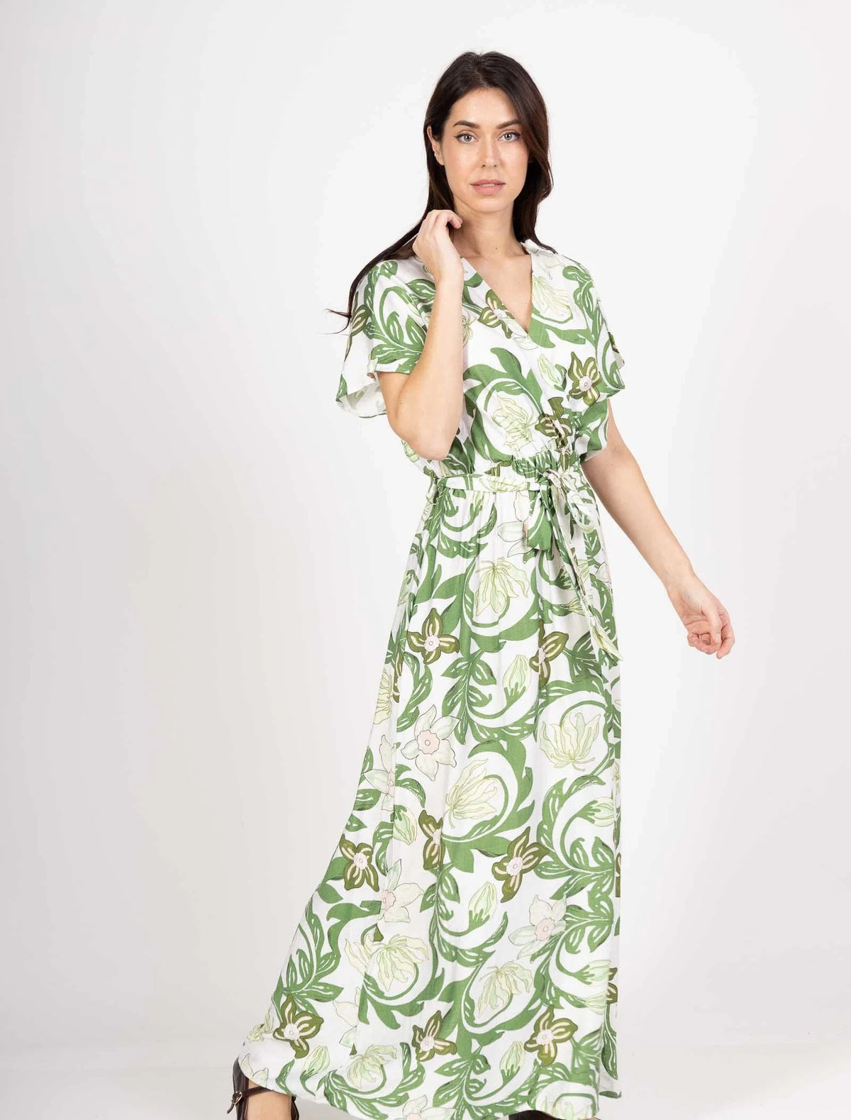 Long linen effect short sleeve dress with belt