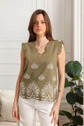 Linen tank top with steering wheel, embroidery golden flowers relief